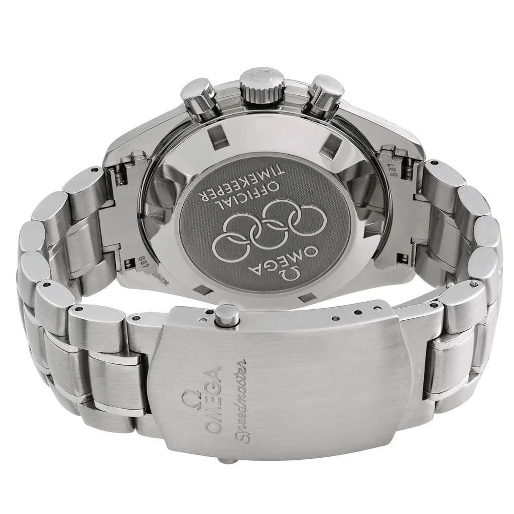 Back View Of Solid Back Case And Closed Stainless Steel Band Of OMEGA 3557.50.00 Watch Pre Owned Condition