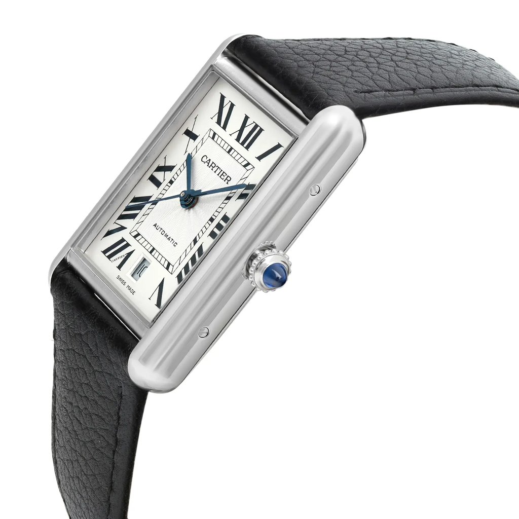 An image of a Cartier men's casual wristwatch, showcasing a side profile view with the crown visible. The watch has a stainless steel rectangular case with a silver dial and gray bezel, complemented by a black leather band. The crown is adorned with a blue cabochon, and the image is taken from a close distance, focusing on the watch at a slight angle to display the watch's side and crown details. The watch is display model condition and may show light blemishes due to store handling.