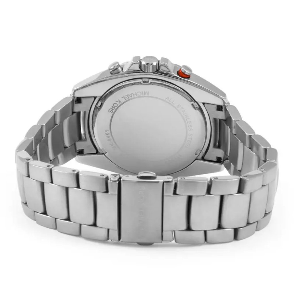 An image of a Wristwatch by Michael Kors. This Display Model item is designed for Men, featuring a Casual style. It has a Quartz movement and an Analog display with a Blue dial color. The indices include 12-Hour Dial,Non-Numeric Hour Marks. The band is made of Stainless Steel and the case is made of Stainless Steel. The watch has a Round shape with a case size of 43 mm and a case thickness of 11 mm.