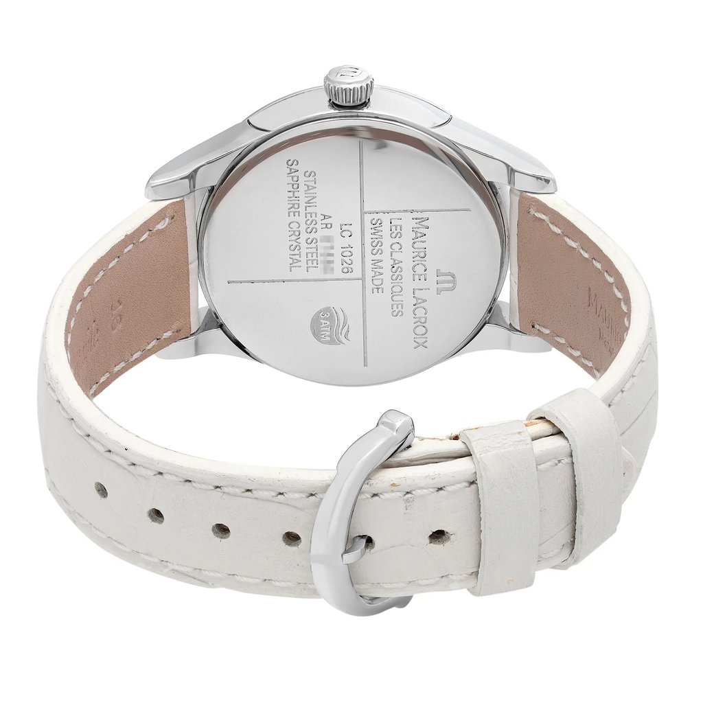 An image of a Wristwatch by Maurice Lacroix. This Unworn item is designed for Women, featuring a Dress/Formal style. It has a Quartz movement and an Analog display with a White dial color. The indices include 12-Hour Dial,Diamond Markers. The band is made of Leather and the case is made of Stainless Steel. The watch has a Round shape with a case size of 33 mm and a case thickness of 8 mm.