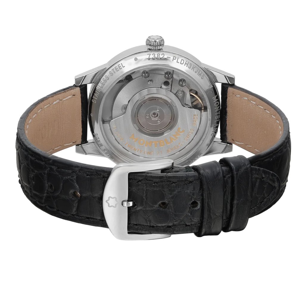 An image of a pre-owned Montblanc women's wristwatch with the back view visible. The watch features a stainless steel case with an exhibition caseback and a round shape. The black leather strap with a buckle closure is open, showing the inner side of the strap and clasp, which displays minor blemishes. The watch is positioned centrally in the frame at a straight angle with a close-up distance, providing a clear view of the details and condition.