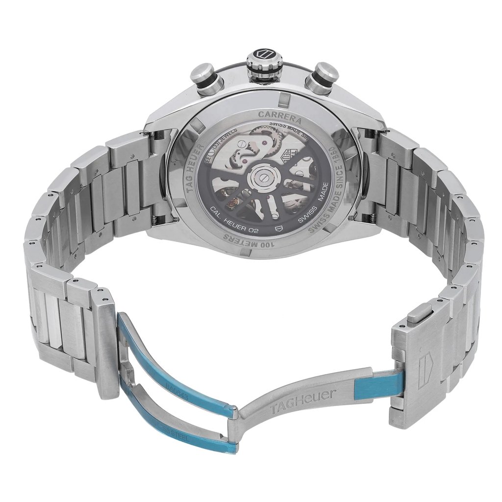 Back View Of Exhibition Back Case And Open Stainless Steel Band Of TAG Heuer CBN2A1B.BA0643 Watch Unworn Condition