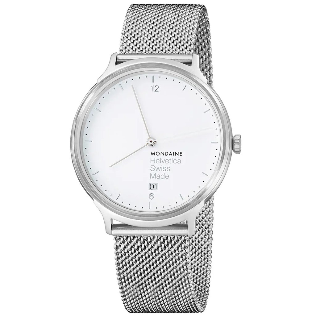 An image of a Wristwatch by Mondaine. This Unworn item is designed for Men, featuring a Classic,Dress/Formal style. It has a Quartz movement and an Analog display with a White dial color. The indices include 12-Hour Dial,Arabic Numerals,Stick Indexes. The band is made of Stainless Steel and the case is made of Stainless Steel. The watch has a Round shape with a case size of 38 mm and a case thickness of 7 mm.