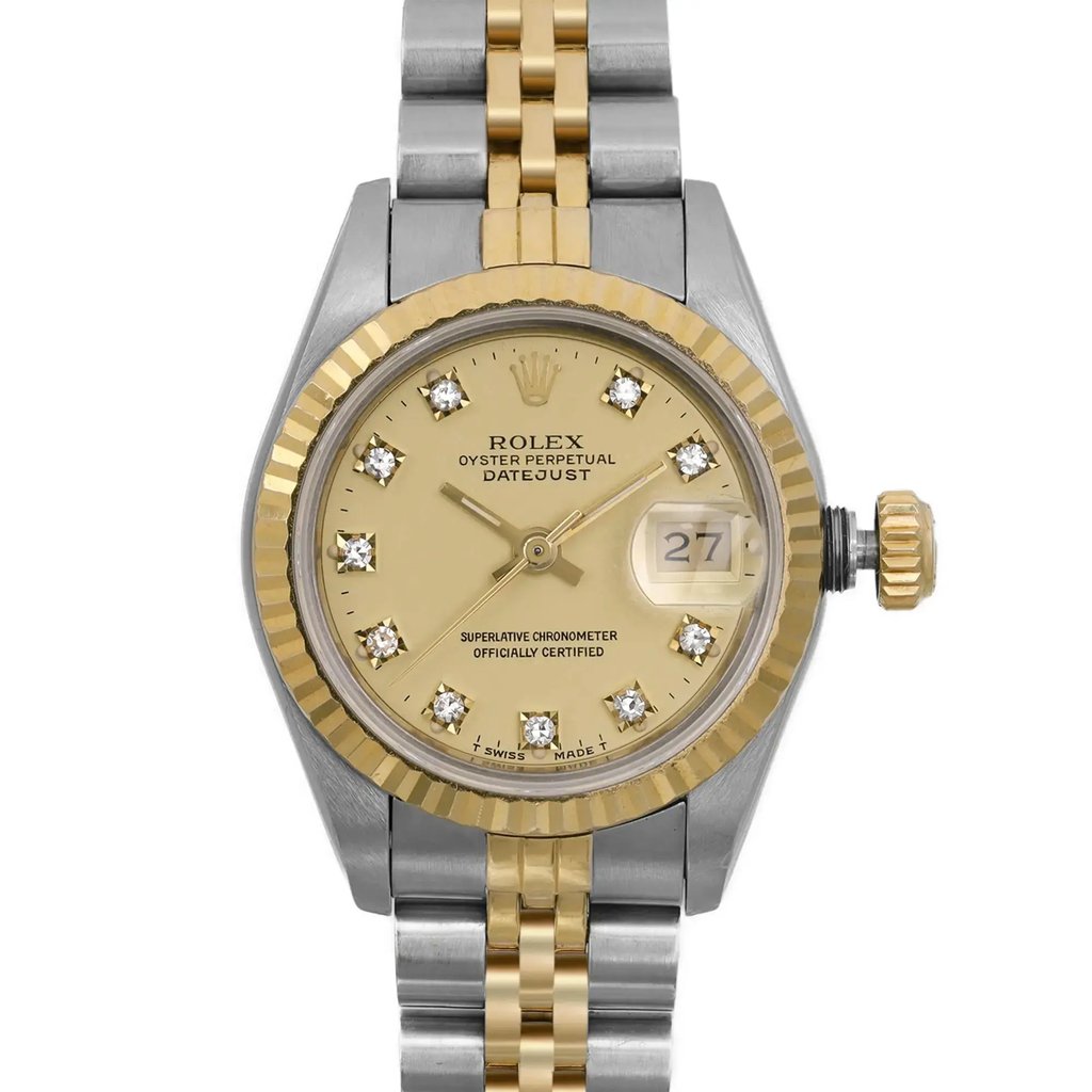 An image of a pre-owned wristwatch captured in a front close-up shot of the watch face. The timepiece features a gold-toned dial with diamond hour markers and a date display at the 3 o'clock position. The bezel is fluted and the band is a combination of gold and silver links. The angle highlights the intricate details and craftsmanship of the watch.