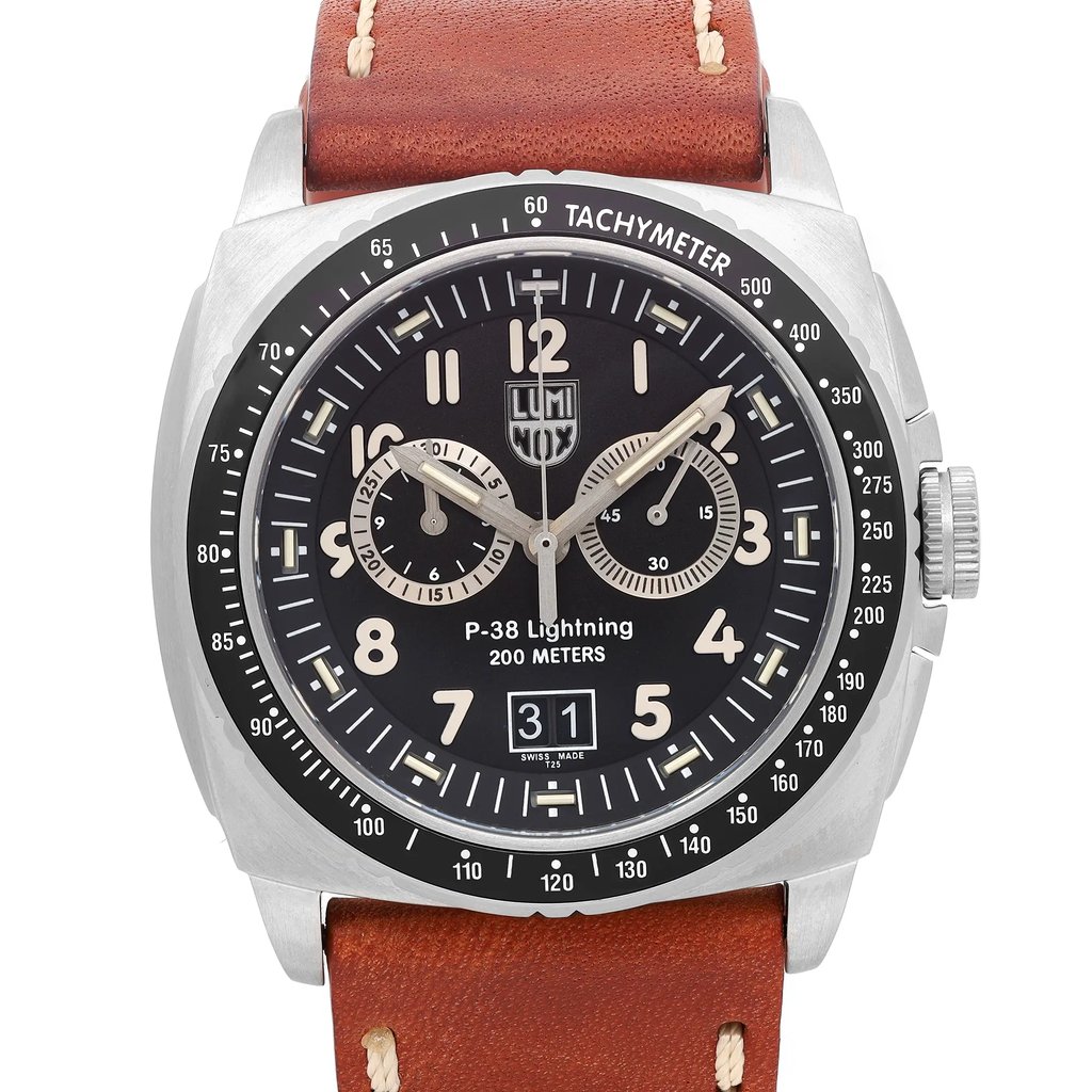 An image of a Wristwatch by Luminox. This Display Model item is designed for Men, featuring a Pilot/Aviator style. It has a Quartz movement and an Analog display with a Black dial color. The indices include 12-Hour Dial,Arabic Numerals,Multi Dial. The band is made of Leather and the case is made of Stainless Steel. The watch has a Cushion shape with a case size of 44 mm and a case thickness of 14 mm.