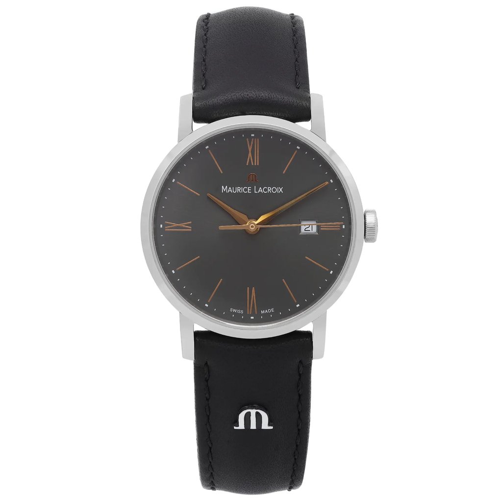 An image of a Wristwatch by Maurice Lacroix. This Unworn item is designed for Women, featuring a Casual style. It has a Quartz movement and an Analog display with a Gray dial color. The indices include 12-Hour Dial,Roman Numerals,Stick Indexes. The band is made of Leather and the case is made of Stainless Steel. The watch has a Round shape with a case size of 30 mm and a case thickness of 7 mm.