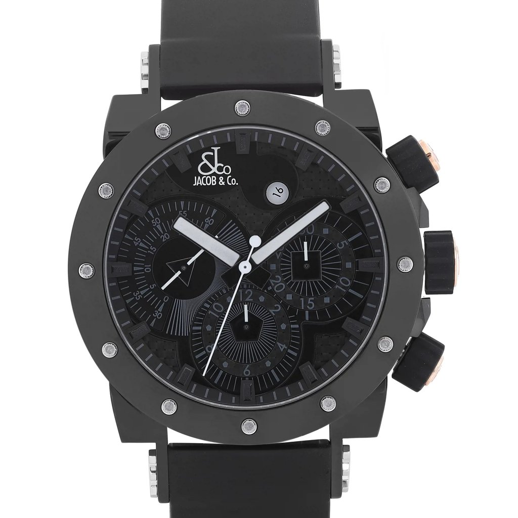 An image of a pre-owned wristwatch captured in a front close-up shot, focusing on the watch face. The timepiece features a dark dial with multiple subdials and bold, contrasting hands. The bezel is adorned with small decorative elements, and the watch is equipped with a sturdy, black strap. The image highlights the intricate details and design of the watch, presenting it at an angle that emphasizes its craftsmanship.