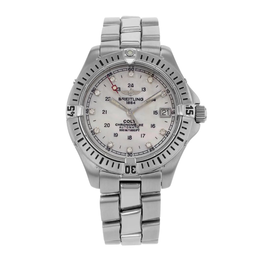 Front Full View Of Breitling A74350 Stainless Steel Watch Pre Owned Condition {Product Condition}
