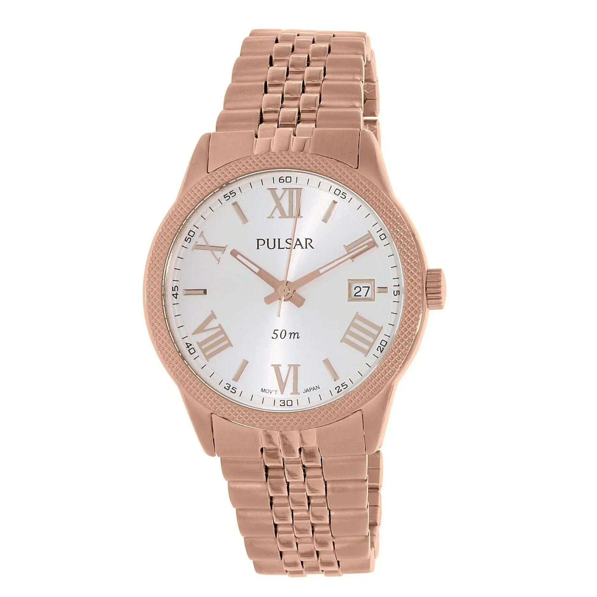 An image of a Wristwatch by Pulsar. This Pre Owned item is designed for Women, featuring a Classic,Dress/Formal style. It has a Quartz movement and an Analog display with a Silver dial color. The indices include Roman Numerals. The band is made of Stainless Steel and the case is made of Stainless Steel. The watch has a Round shape with a case size of 38 mm and a case thickness of 9 mm.
