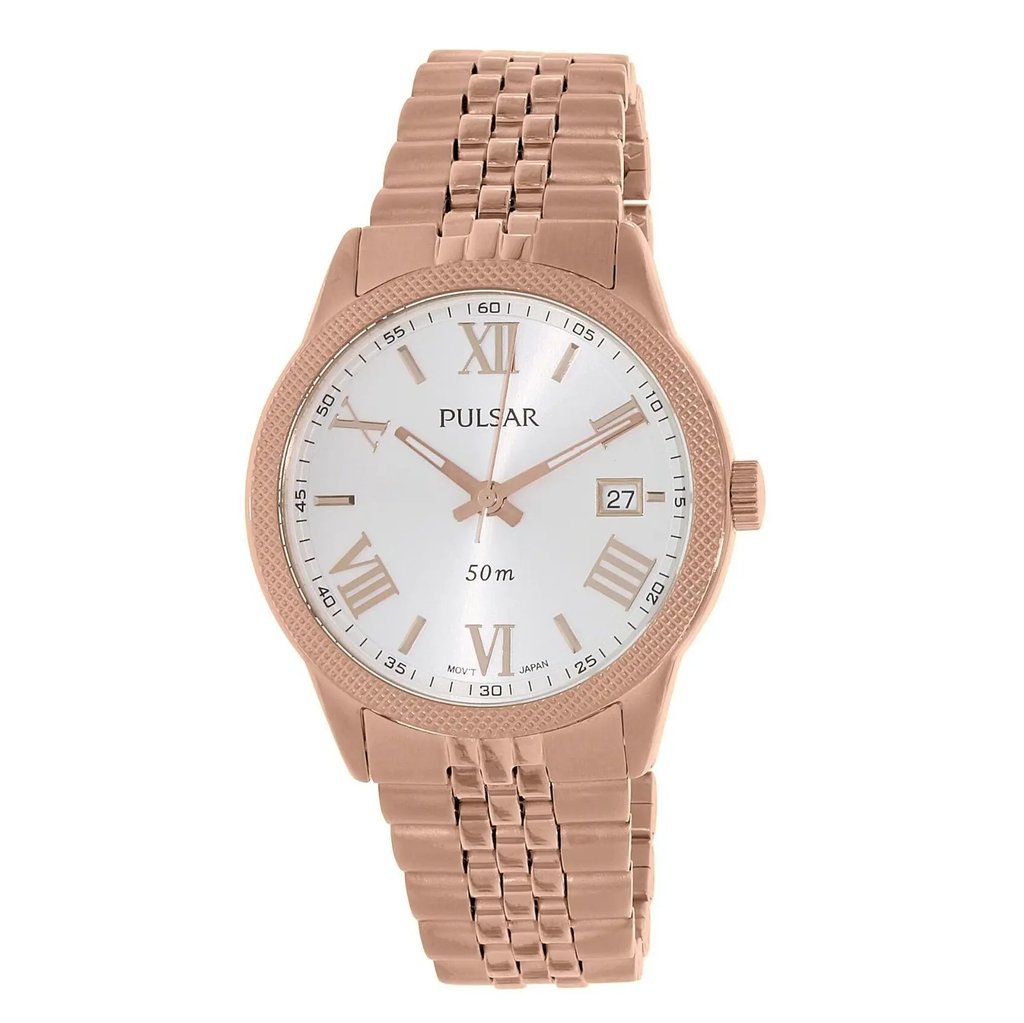 An image of a Wristwatch by Pulsar. This Pre Owned item is designed for Women, featuring a Classic,Dress/Formal style. It has a Quartz movement and an Analog display with a Silver dial color. The indices include Roman Numerals. The band is made of Stainless Steel and the case is made of Stainless Steel. The watch has a Round shape with a case size of 38 mm and a case thickness of 9 mm.