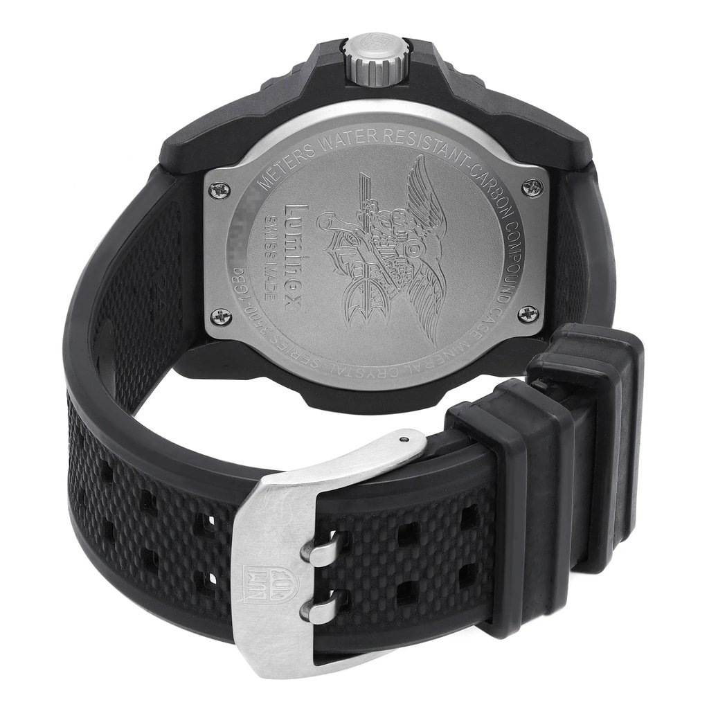 Back View Of Screwback Back Case And Closed Rubber Band Of Luminox XS.3503.F Watch Pre Owned Condition