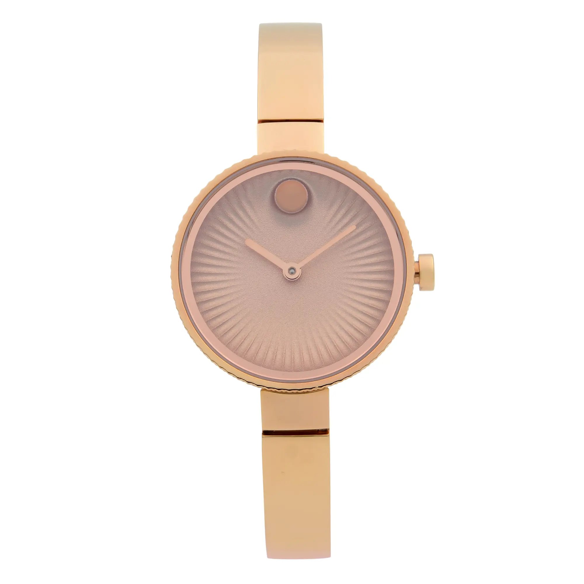 An image of a pre-owned wristwatch captured from a front full frontal view. The watch features a circular face with a textured dial and simple hour and minute hands. The watch has a metallic band and is positioned upright, centered in the image, showing its elegant design and craftsmanship.