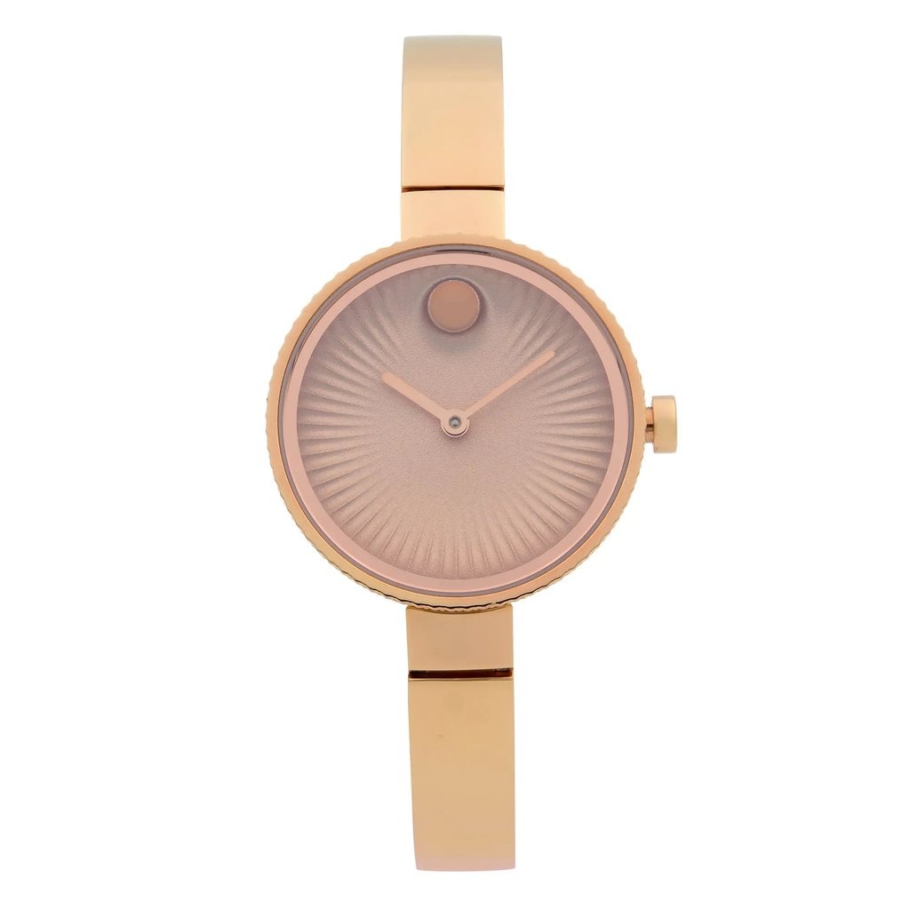 An image of a pre-owned wristwatch captured from a front full frontal view. The watch features a circular face with a textured dial and simple hour and minute hands. The watch has a metallic band and is positioned upright, centered in the image, showing its elegant design and craftsmanship.