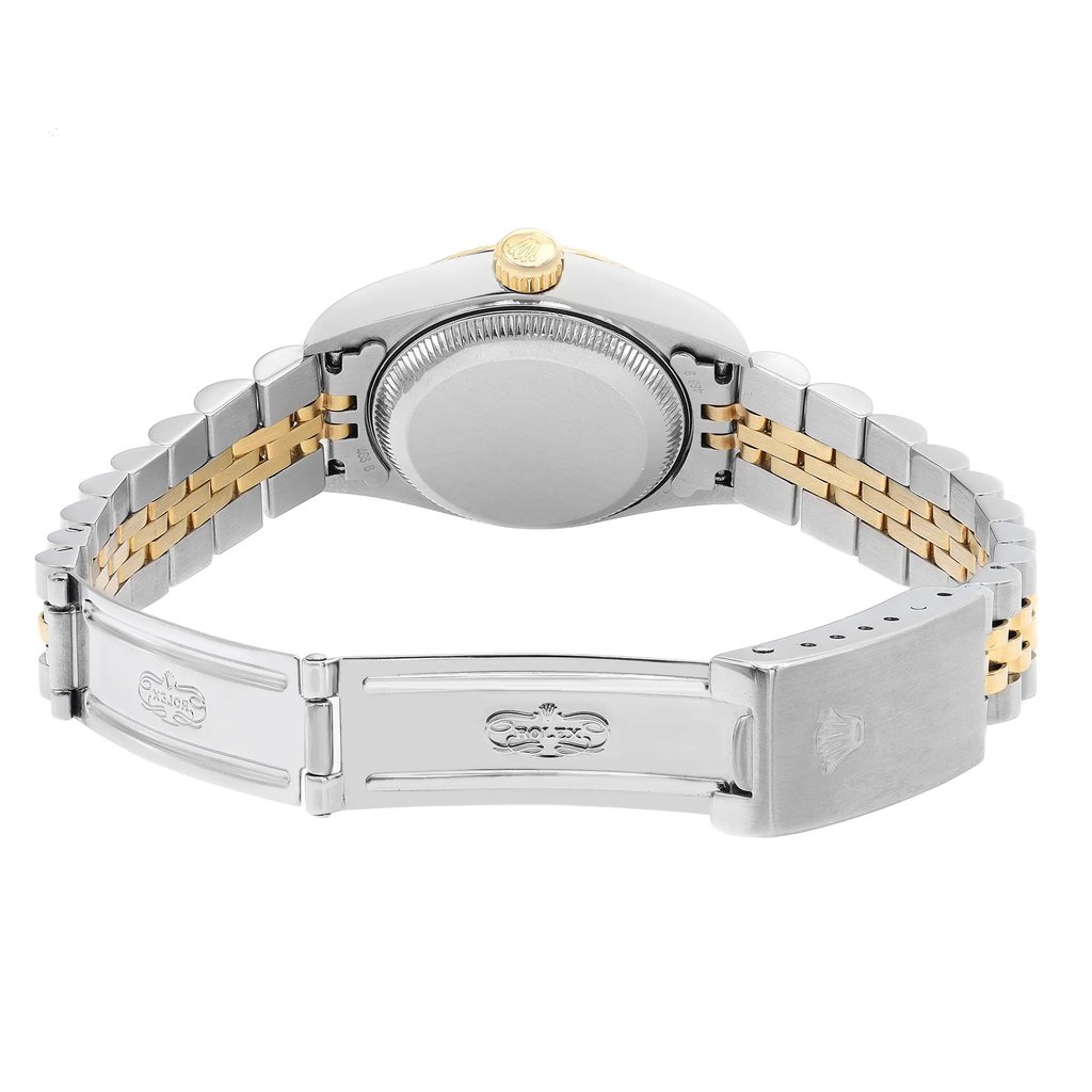 Back View Of Screwback Back Case And Open Stainless and Solid Gold Band Of Rolex 69173 Watch Pre Owned Condition