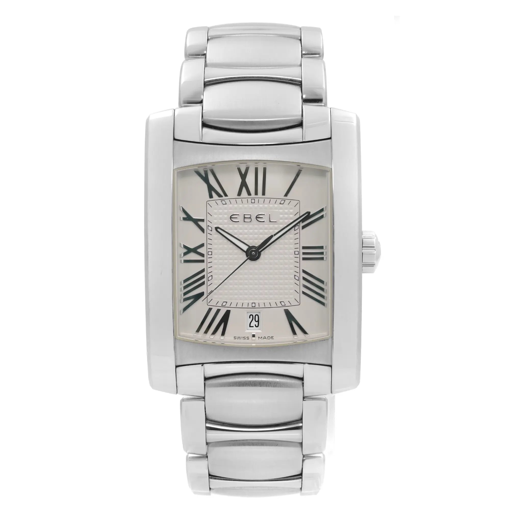 An image of a Wristwatch by EBEL. This Pre Owned item is designed for Men, featuring a Dress/Formal style. It has a Quartz movement and an Analog display with a White dial color. The indices include 12-Hour Dial,Roman Numerals. The band is made of Stainless Steel and the case is made of Stainless Steel. The watch has a Rectangle shape with a case size of 32 mm x 37 mm and a case thickness of 10 mm.
