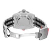 An image of a wristwatch taken from the back view, showcasing the open clasp. The watch is positioned centrally with the case back facing the viewer, displaying its metallic finish. The angle captures the bracelet links extending outward, and the open clasp reveals the brand's engraving. The shot is taken at a close distance, emphasizing the new condition of the watch, despite noted defects.