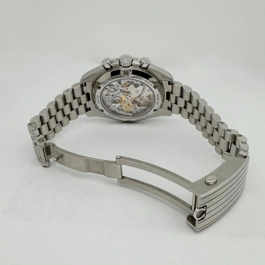 Back View Of Exhibition Back Case And Open Stainless Steel Band Of OMEGA 310.30.42.50.04.001 Watch Pre Owned Condition