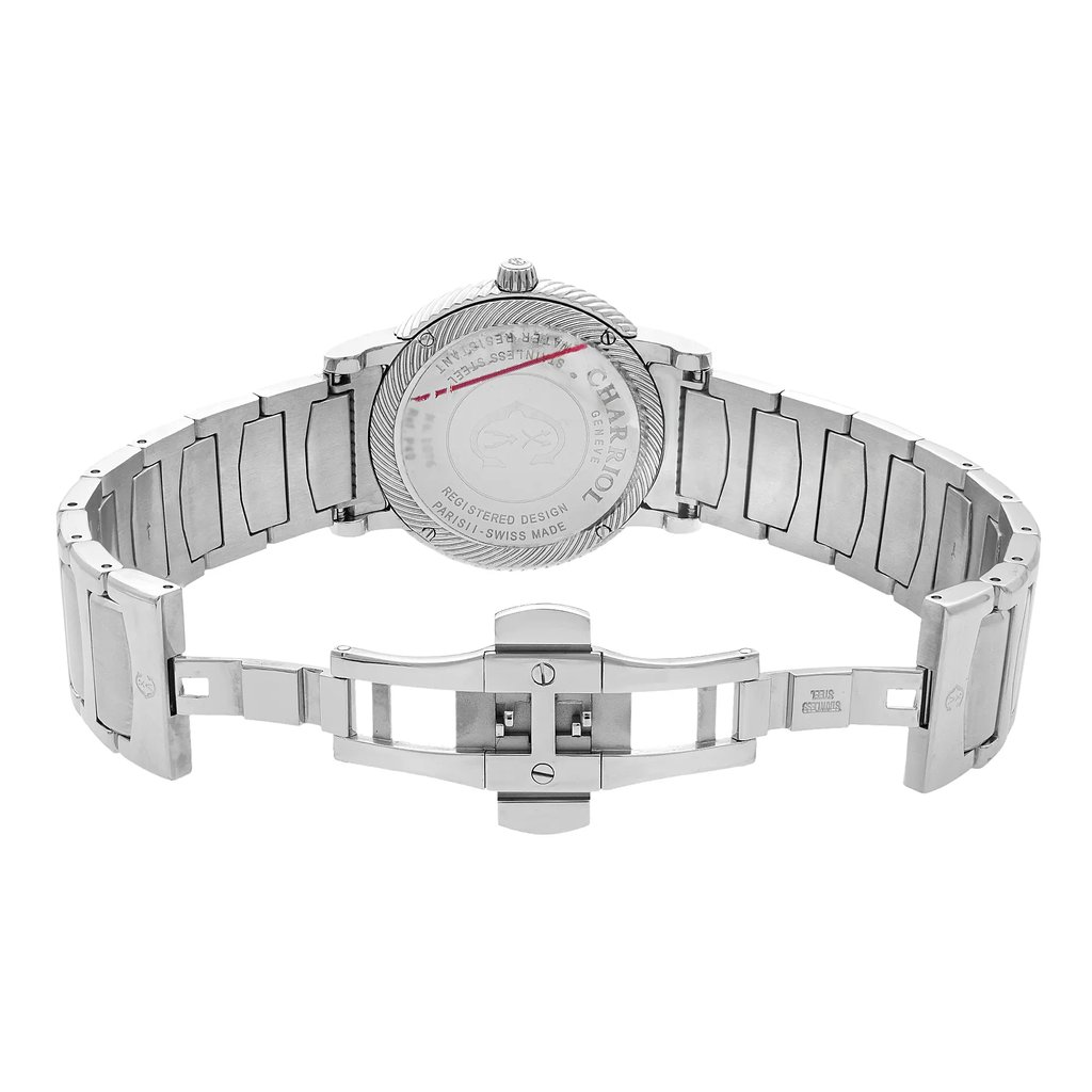 An image of a Wristwatch by Charriol. This Unworn item is designed for Men, featuring a Dress/Formal style. It has a Quartz movement and an Analog display with a Blue dial color. The indices include 12-Hour Dial,Roman Numerals,Stick Indexes. The band is made of Stainless Steel and the case is made of Stainless Steel. The watch has a Round shape with a case size of 40 mm and a case thickness of 7 mm.