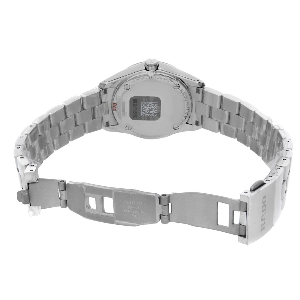 Back View Of Screwback Back Case And Open Stainless Steel Band Of Rado R32110153 Watch Unworn Condition