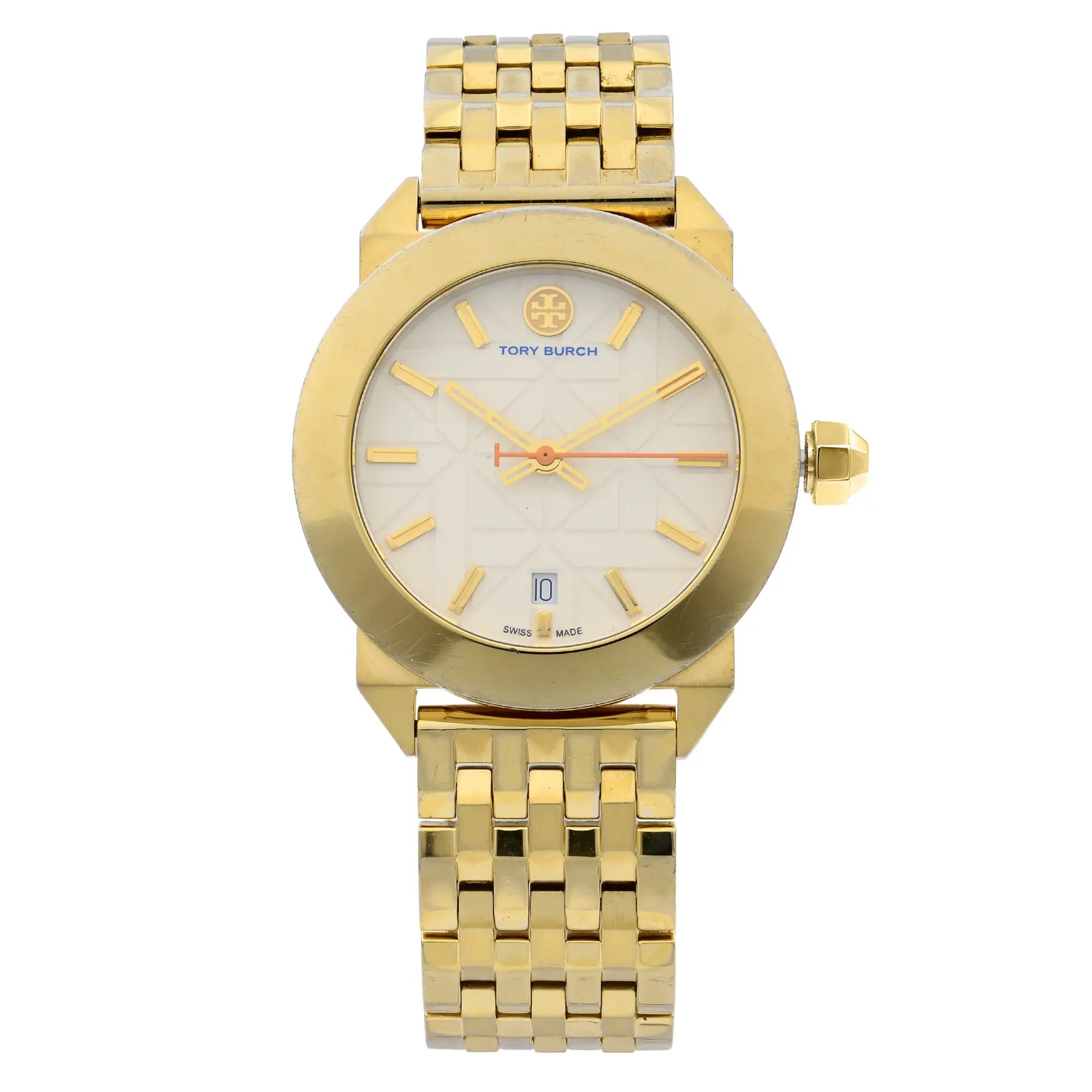 An image of a Wristwatch by Tory Burch. This Pre Owned item is designed for Men, featuring a Casual style. It has a Quartz movement and an Analog display with a Cream dial color. The indices include 12-Hour Dial,Stick Indexes. The band is made of Stainless Steel and the case is made of Stainless Steel. The watch has a Round shape with a case size of 35 mm and a case thickness of 8 mm.