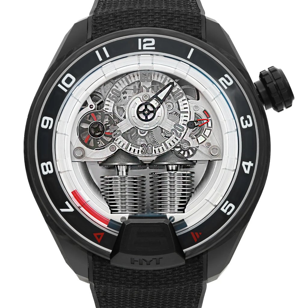 Up Close Front Facing Picture Of hyt H4-CB-515020 Carbon Fiber Watch Unworn Condition