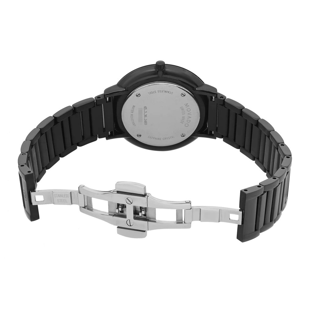 An image of a Wristwatch by Movado. This Display Model item is designed for Women, featuring a Casual style. It has a Quartz movement and an Analog display with a Black dial color. The indices include 12-Hour Dial,Stick Indexes. The band is made of Stainless Steel and the case is made of Stainless Steel. The watch has a Round shape with a case size of 35 mm and a case thickness of 6 mm.