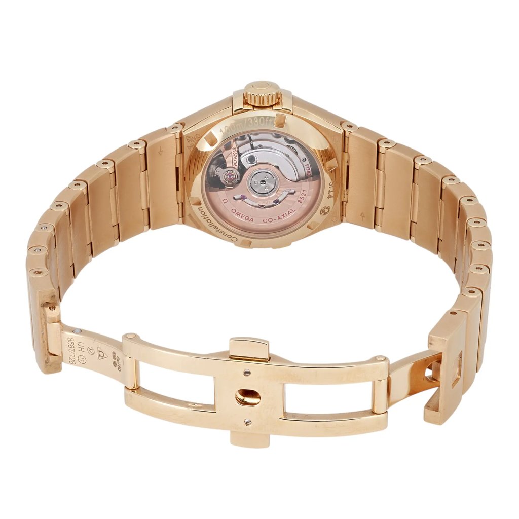 Back View Of Exhibition Back Case And Open Yellow Gold Band Of OMEGA 123.55.27.20.05.002 Watch Display Model Condition