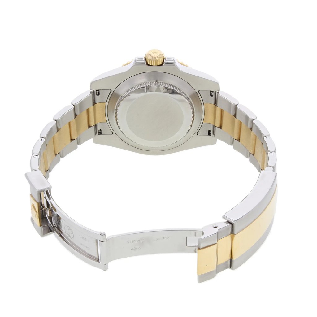 Back View Of {Caseback} Back Case And Open Stainless and Solid Gold Band Of Rolex 116613 Watch Pre Owned Condition