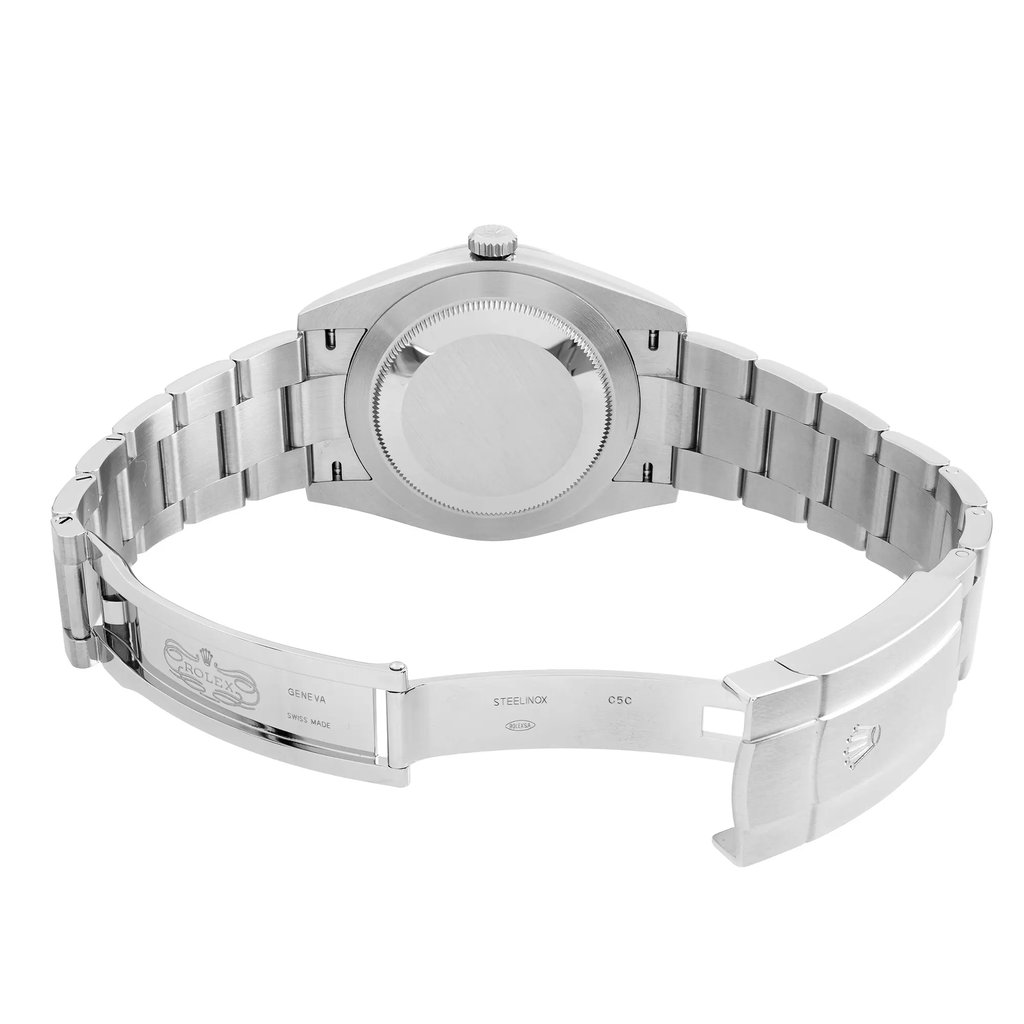 Back View Of Solid Back Case And Open Stainless Steel Band Of Rolex 126000 Watch New Condition