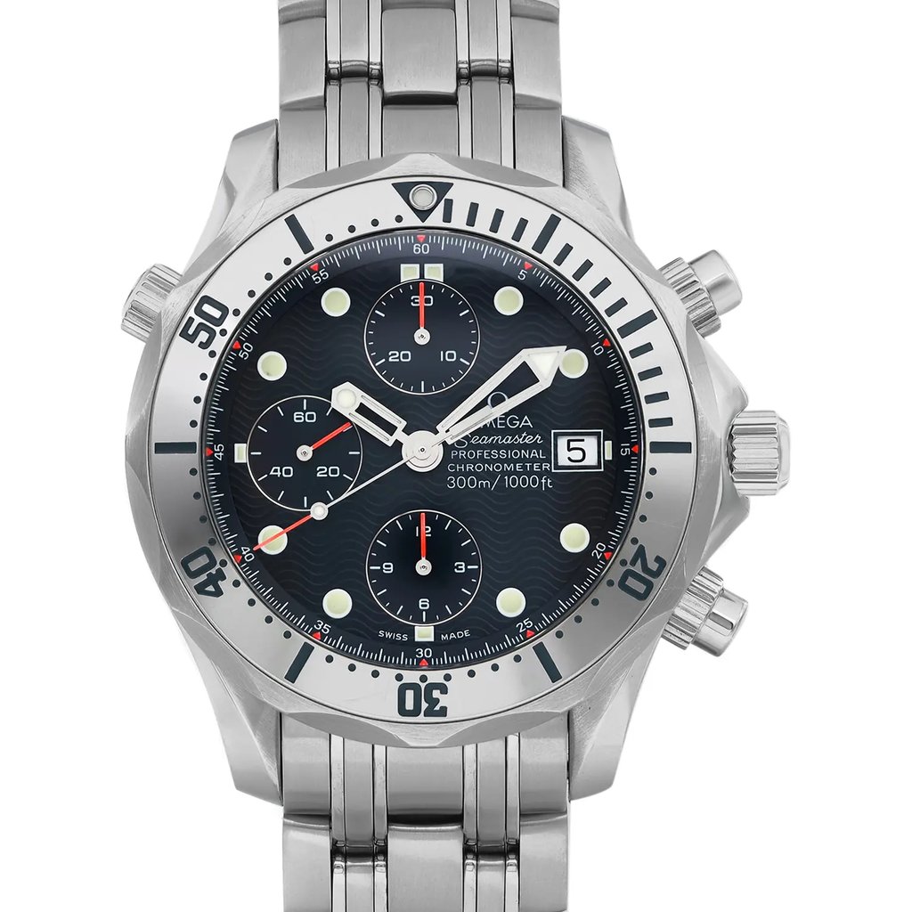 An image of a pre-owned OMEGA men's diver wristwatch in good condition. The front close-up shot showcases the round blue dial with round indexes, three chronograph subdials, and a date indicator at the 3 o'clock position. Luminous hands are visible. The gray bezel is marked with a minute scale, and the stainless steel band joins the watch face at a perpendicular angle. The OMEGA logo and the words "Professional Chronometer 300m/1000ft" are inscribed on the dial. The watch is centered and occupies most of the image frame, providing a clear and detailed view of its features.