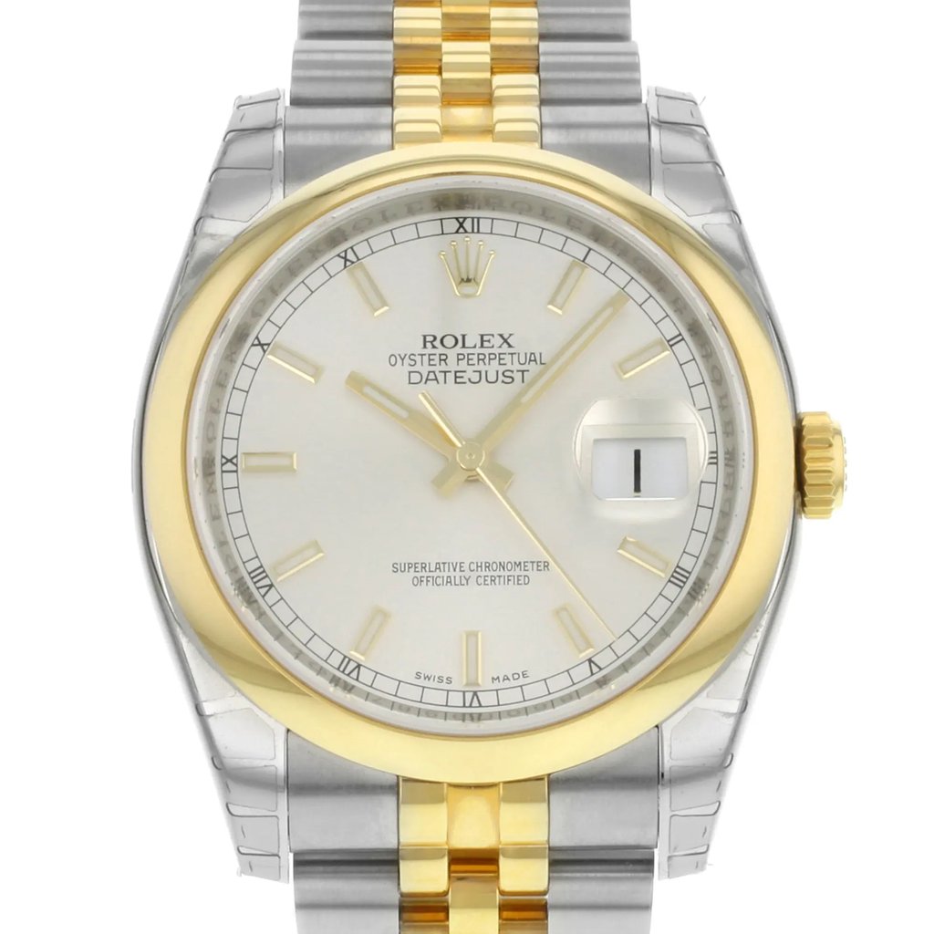Up Close Front Facing Picture Of Rolex 116203 SSJ Stainless Steel Watch Display Model Condition