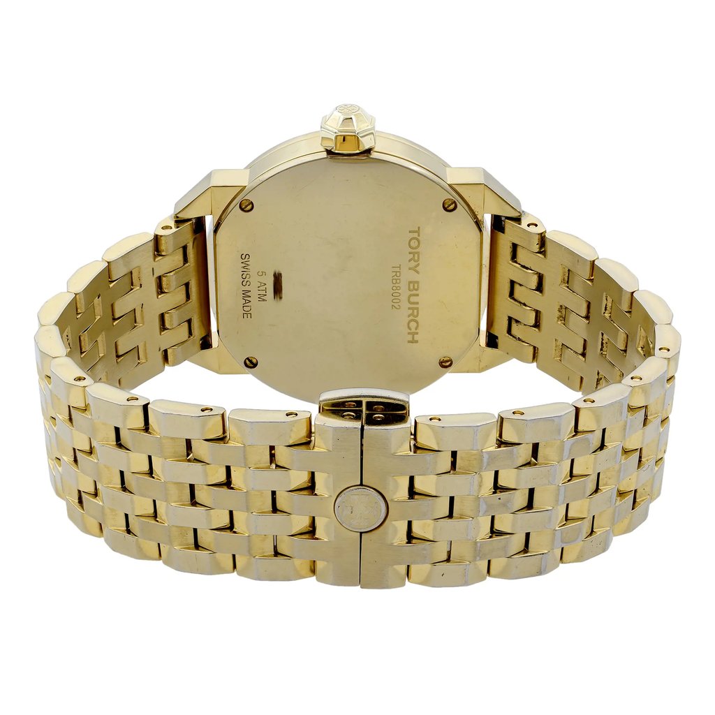 Back View Of Solid Back Case And Closed Stainless Steel Band Of Tory Burch TRB8002 Watch Pre Owned Condition