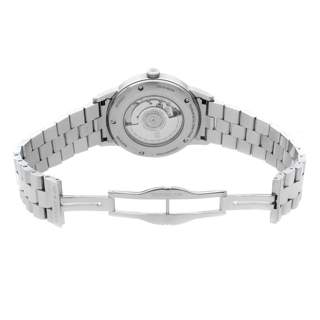 Back View Of {Caseback} Back Case And Open Stainless Steel Band Of Tiffany & Co. CT60 Watch Pre Owned Condition
