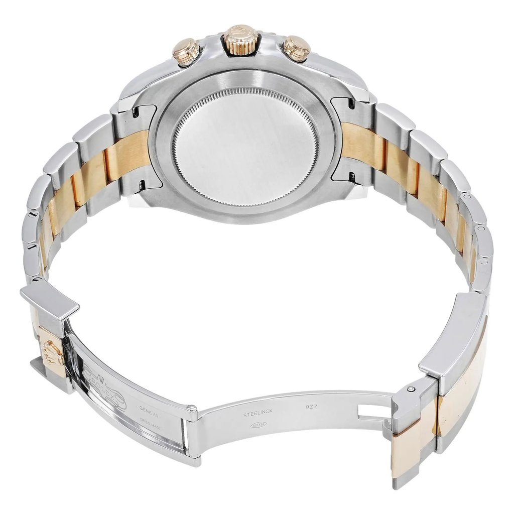 An image of a pre-owned wristwatch showing the back view with an open clasp. The watch features a silver and gold-tone metal bracelet. The angle is from the rear, slightly above, providing a clear view of the case back and the open bracelet. The image is taken at a close distance, highlighting the details of the watch's construction and clasp mechanism.