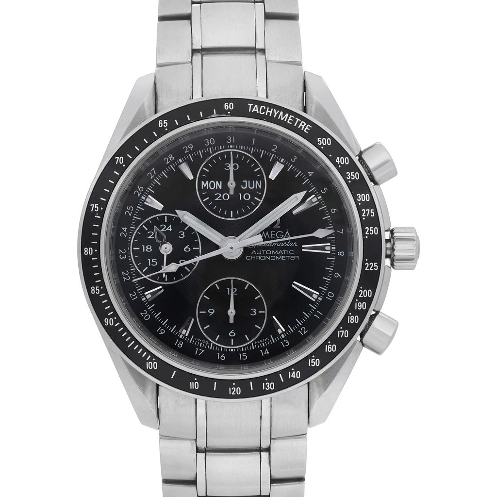 Up Close Front Facing Picture Of OMEGA 3220.50.00 Stainless Steel Watch Pre Owned Condition