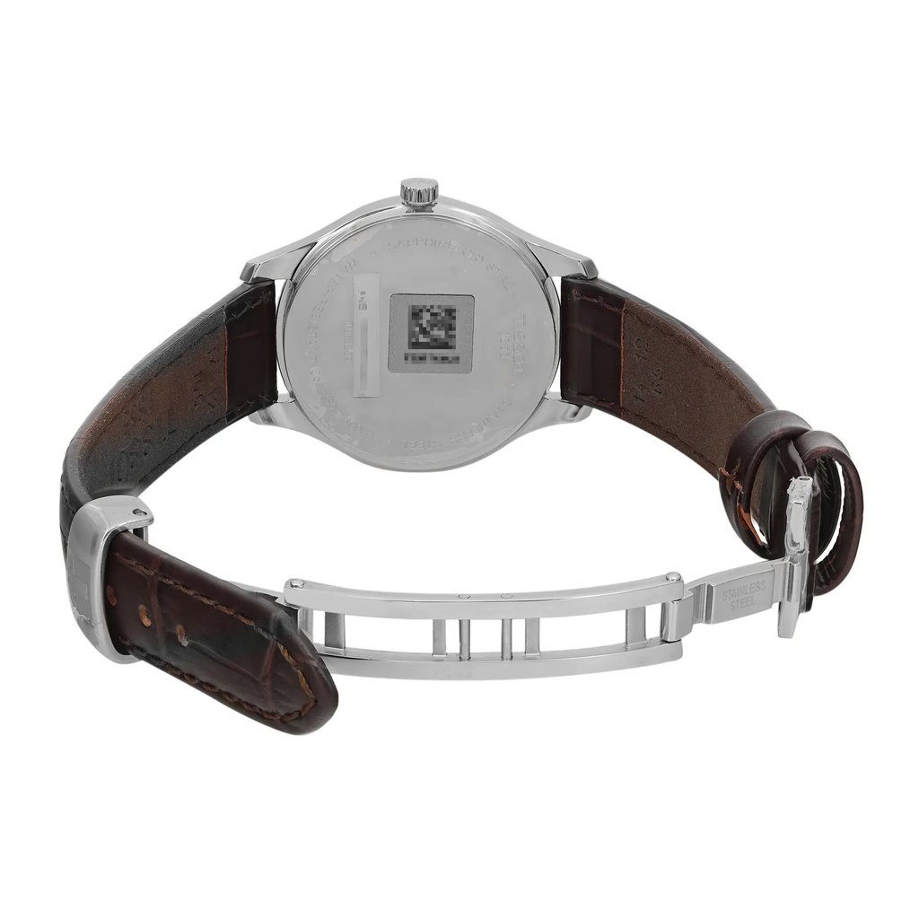 An image of a Wristwatch by Tissot. This Unworn item is designed for Women, featuring a Casual style. It has a Quartz movement and an Analog display with a Silver dial color. The indices include 12-Hour Dial,Roman Numerals,Stick Indexes. The band is made of Leather and the case is made of Stainless Steel. The watch has a Round shape with a case size of 31 mm and a case thickness of 5 mm.