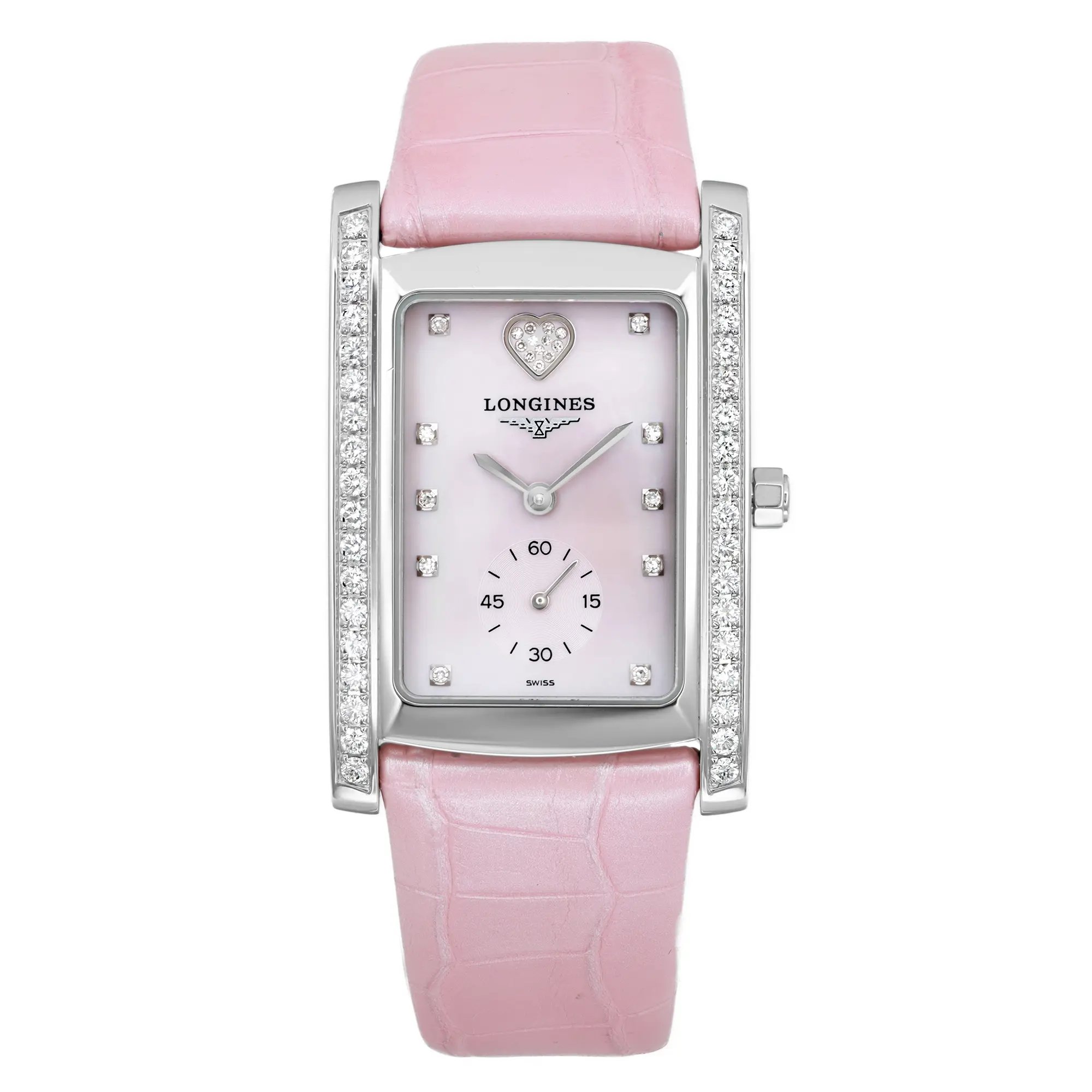 An image of a wristwatch displayed from a front full frontal view. The watch is unworn and features a rectangular face with a pink dial and silver markers. It has a pink leather strap and a case encrusted with small diamonds along the sides. The watch is positioned centrally in the frame, offering a clear and detailed perspective.