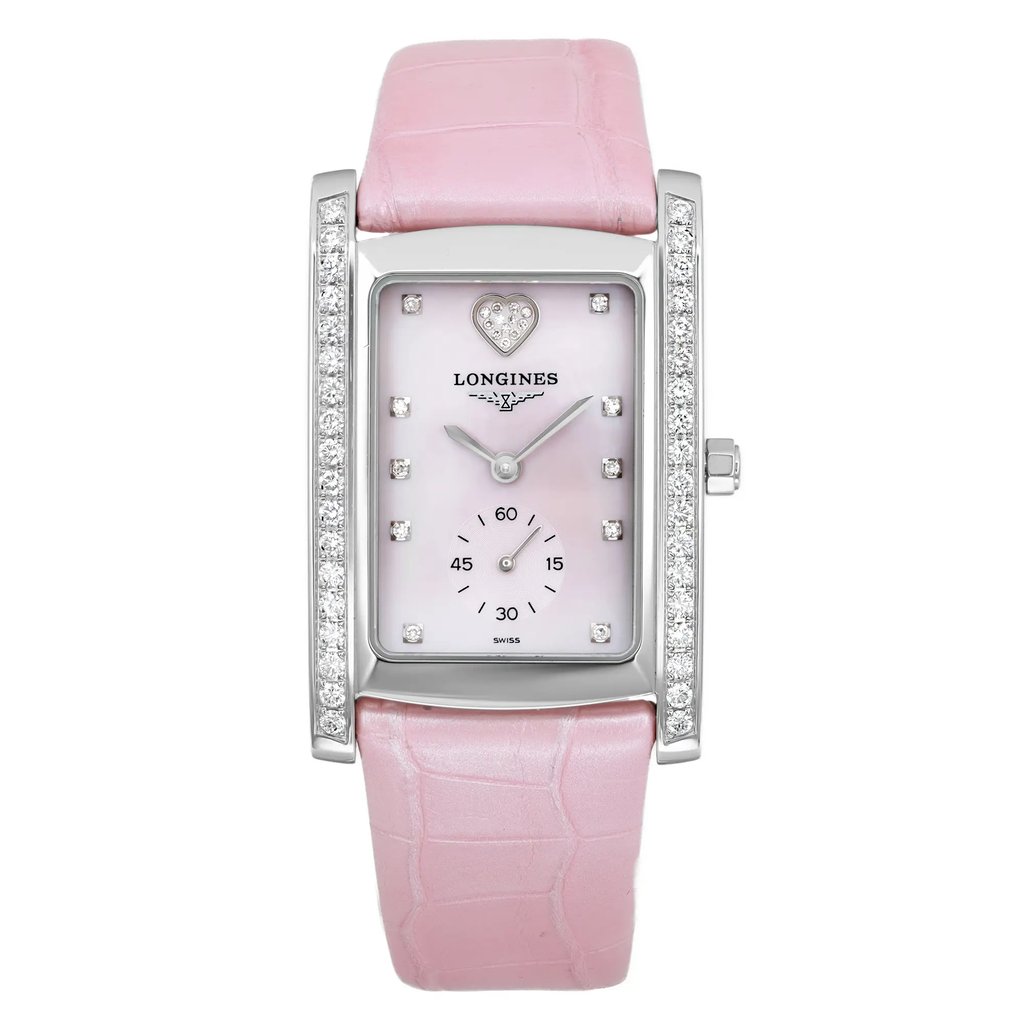 An image of a wristwatch displayed from a front full frontal view. The watch is unworn and features a rectangular face with a pink dial and silver markers. It has a pink leather strap and a case encrusted with small diamonds along the sides. The watch is positioned centrally in the frame, offering a clear and detailed perspective.