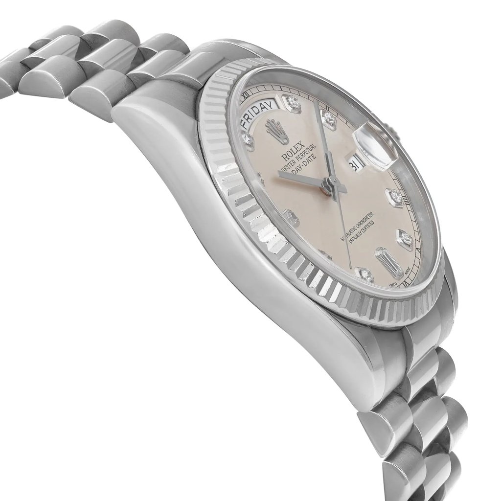 View Of Opposite Crown Facing Side Of Rolex 118239 White Gold Watch Pre Owned Condition