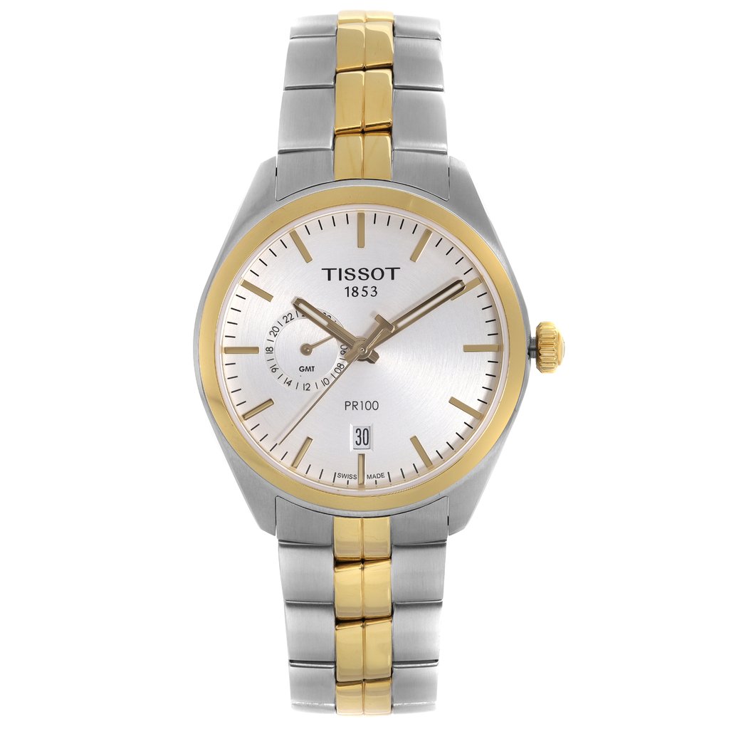 An image of a Wristwatch by Tissot. This Display Model item is designed for Men, featuring a Dress/Formal style. It has a Quartz movement and an Analog display with a Silver dial color. The indices include 12-Hour Dial,Non-Numeric Hour Marks,Stick Indexes. The band is made of Stainless Steel and the case is made of Stainless Steel. The watch has a Round shape with a case size of 40 mm and a case thickness of 10 mm.