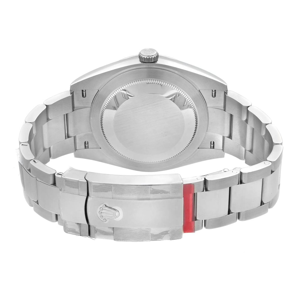 An image of the back view of an unworn wristwatch, showcasing the closed clasp. The watch is positioned horizontally, with the camera capturing it from a straight-on angle at close distance. The stainless steel bracelet and clasp are prominently displayed, highlighting the craftsmanship and detailing of the design.