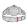 An image of the back view of an unworn wristwatch, showcasing the closed clasp. The watch is positioned horizontally, with the camera capturing it from a straight-on angle at close distance. The stainless steel bracelet and clasp are prominently displayed, highlighting the craftsmanship and detailing of the design.