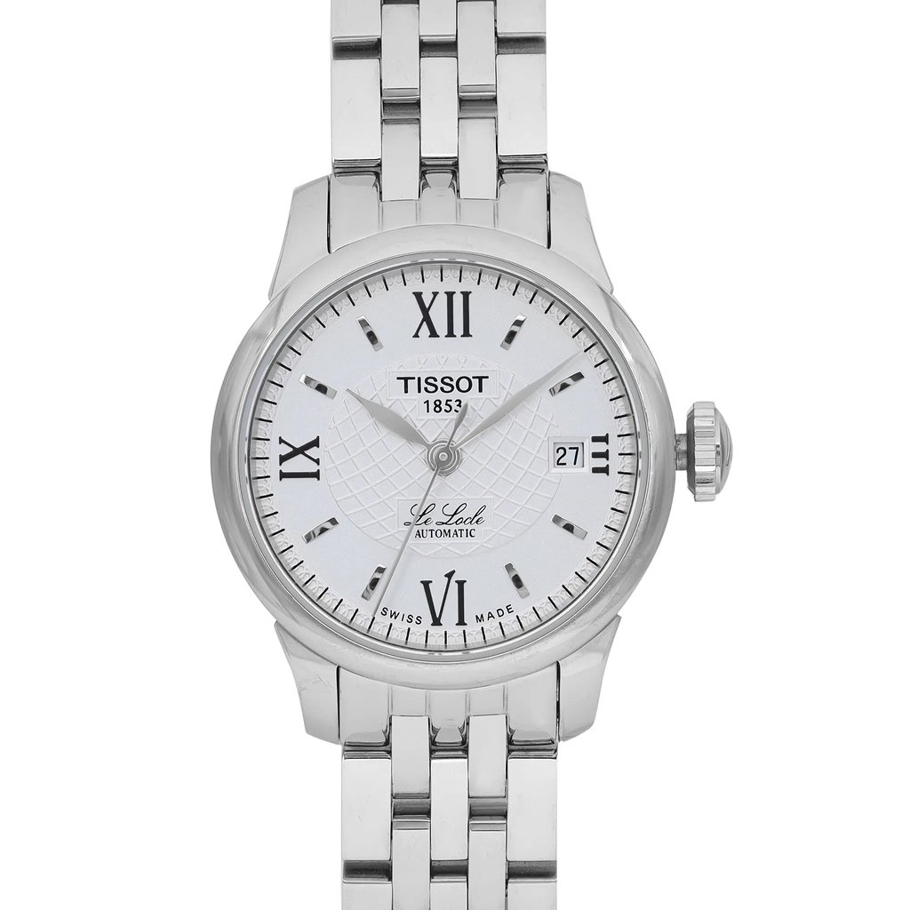 An image of a Wristwatch by Tissot. This Pre Owned item is designed for Women, featuring a Casual style. It has a Mechanical (Automatic) movement and an Analog display with a White dial color. The indices include 12-Hour Dial,Roman Numerals,Stick Indexes. The band is made of Stainless Steel and the case is made of Stainless Steel. The watch has a Round shape with a case size of 25 mm and a case thickness of 9 mm.