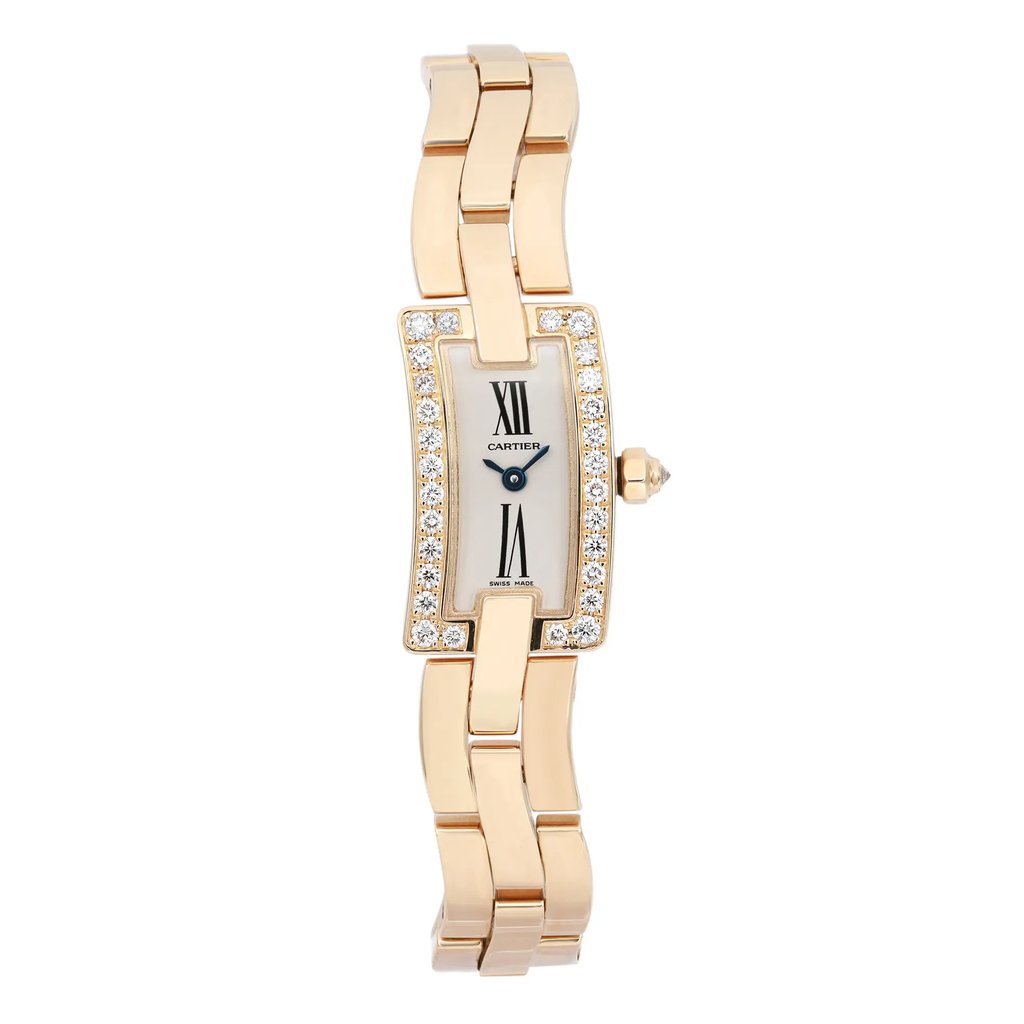 An image of a pre-owned wristwatch shown in a front full frontal view. The watch has a rectangular face with Roman numerals and is adorned with a row of diamonds on the bezel. It features a gold metal strap with a polished finish. The image is taken from a close distance, highlighting the intricate details of the watch's design.
