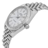 An image of a new, unworn Rolex men's wristwatch in a luxury style, shown in a side profile view with the crown visible. The watch features a white dial, white gold bezel, and a stainless steel band and case. The round-shaped watch is designed with a date indicator and luminous hands. The image is taken from a close, slightly elevated angle, focusing on the right side of the watch.
