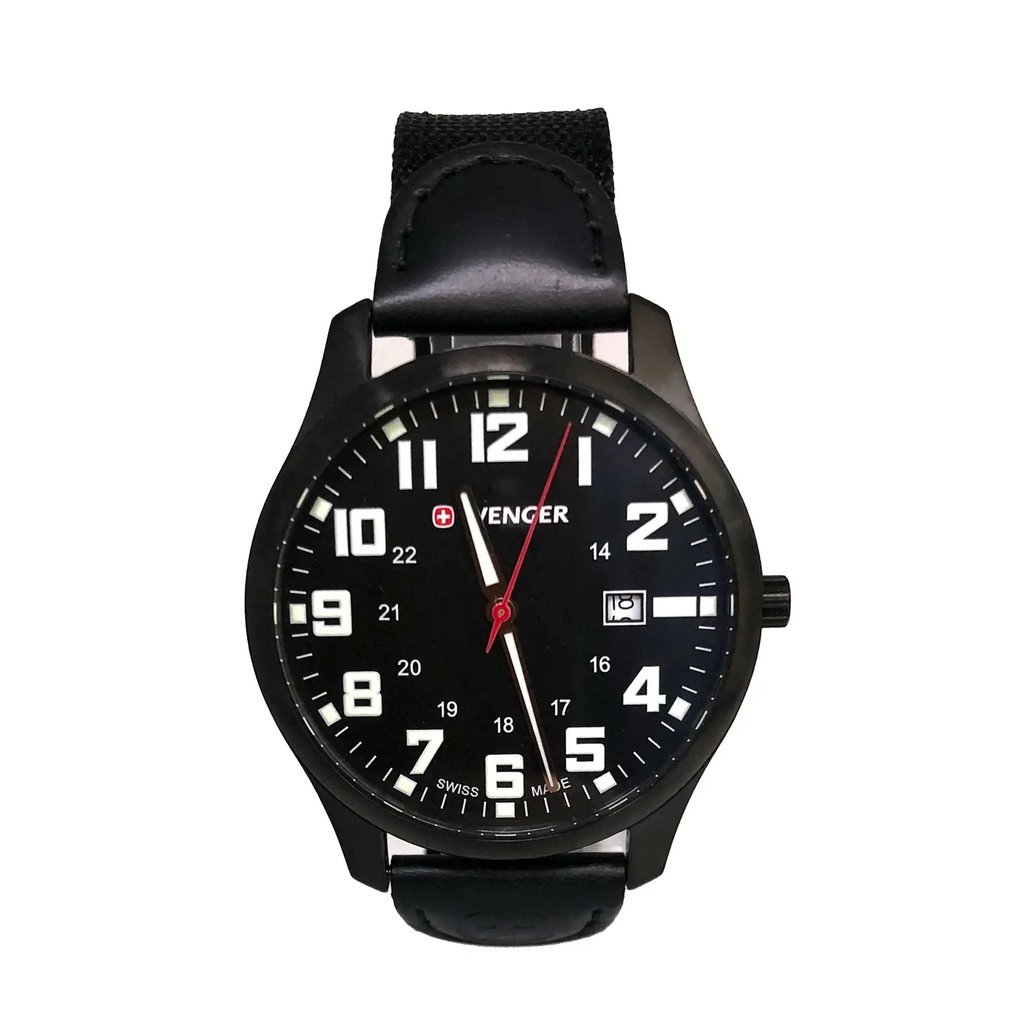 Up Close Front Facing Picture Of Wenger 01.1441.114 Stainless Steel Watch Display Model Condition