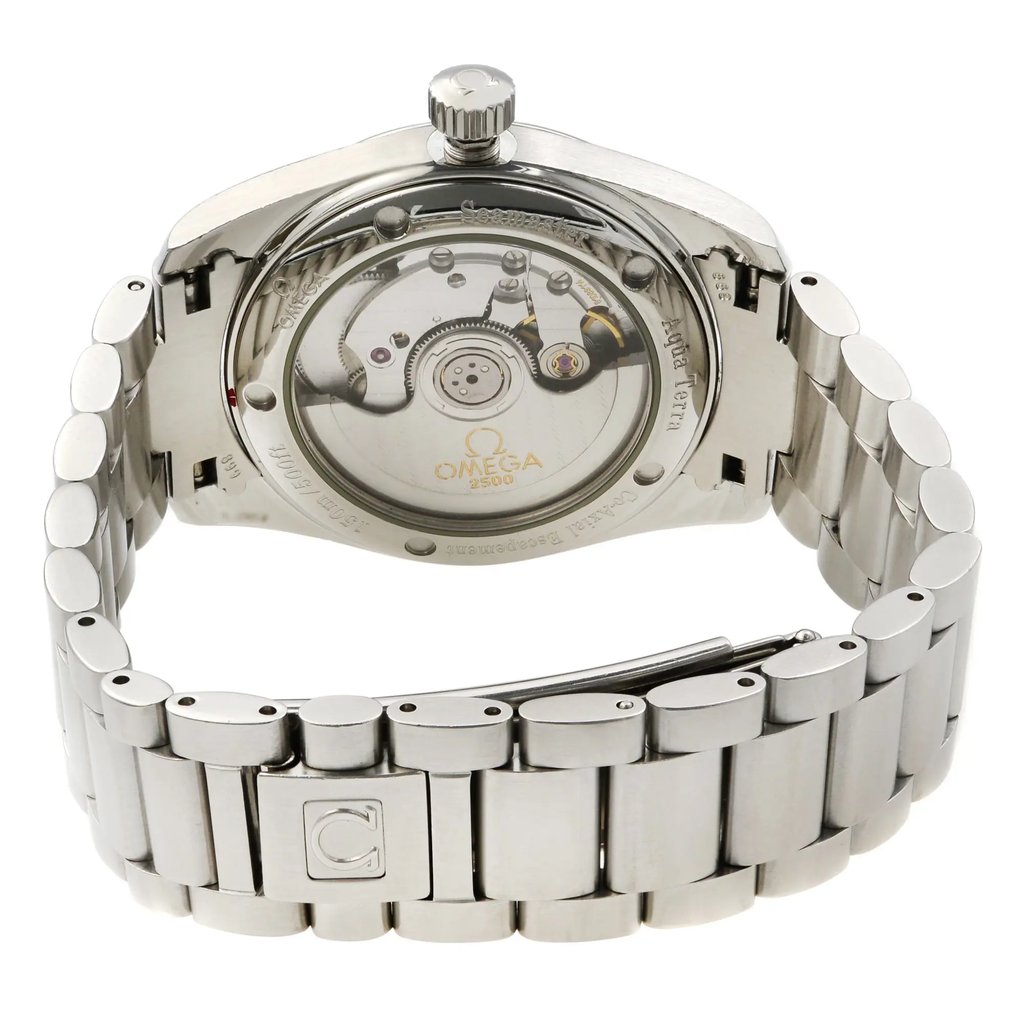 Back View Of Exhibition Back Case And Closed Stainless Steel Band Of OMEGA 2504.50.00 Watch Pre Owned Condition