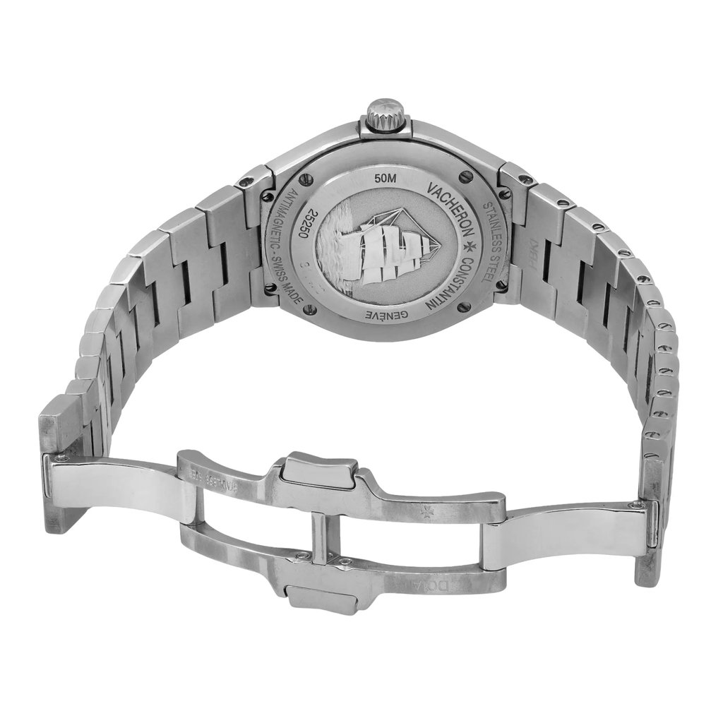 Back View Of Screwback Back Case And Open Stainless Steel Band Of Vacheron Constantin 25250 Watch Pre Owned Condition