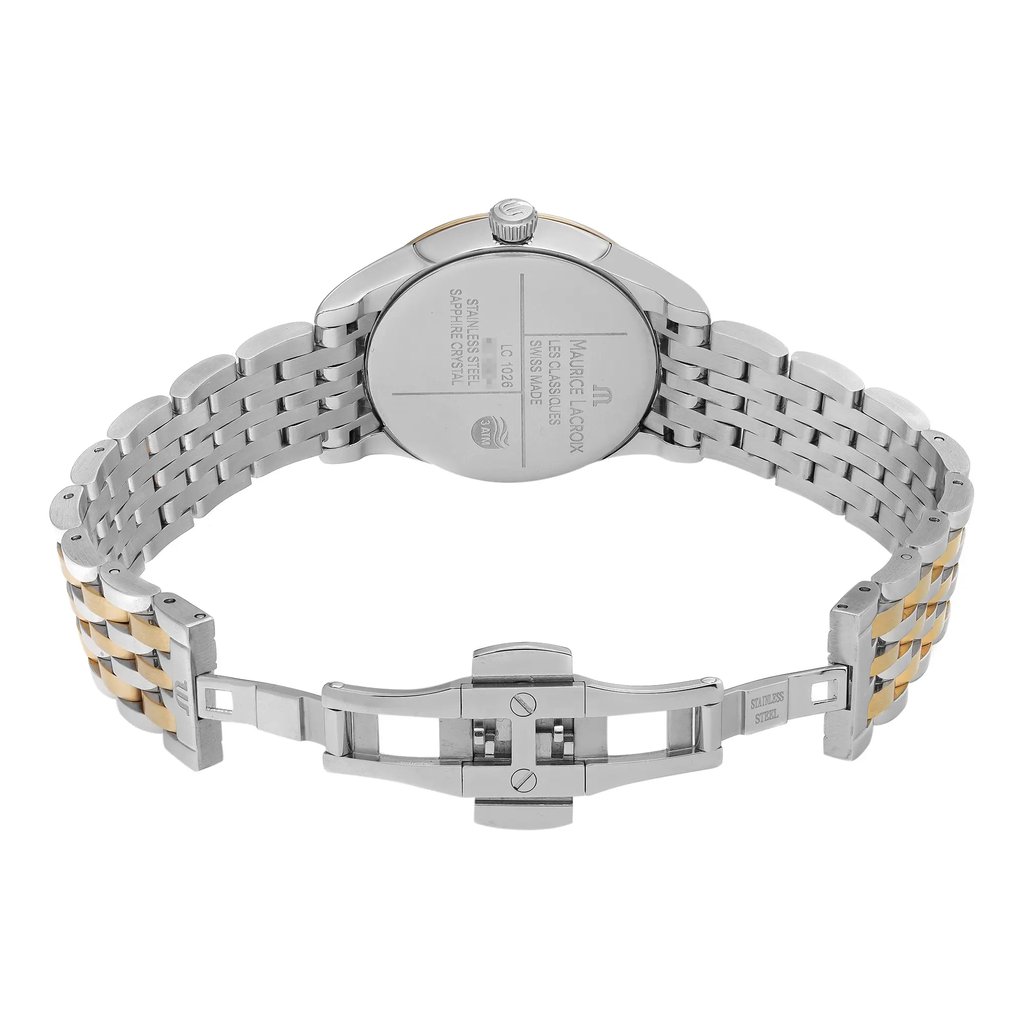 An image of a Wristwatch by Maurice Lacroix. This Unworn item is designed for Women, featuring a Dress/Formal style. It has a Quartz movement and an Analog display with a White dial color. The indices include 12-Hour Dial,Diamond Markers. The band is made of Stainless Steel and the case is made of Stainless Steel. The watch has a Round shape with a case size of 33 mm and a case thickness of 8 mm.