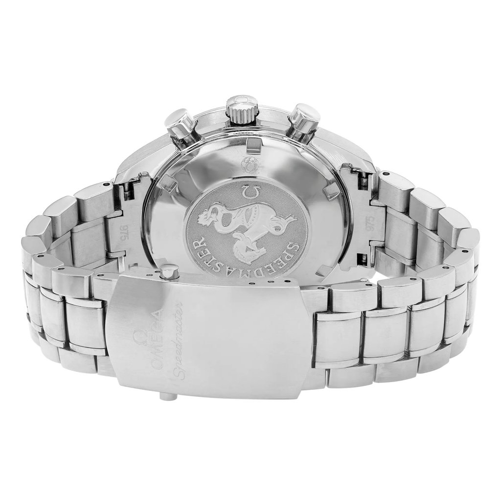 Back View Of Solid Back Case And Closed Stainless Steel Band Of OMEGA 3210.50.00 Watch Pre Owned Condition